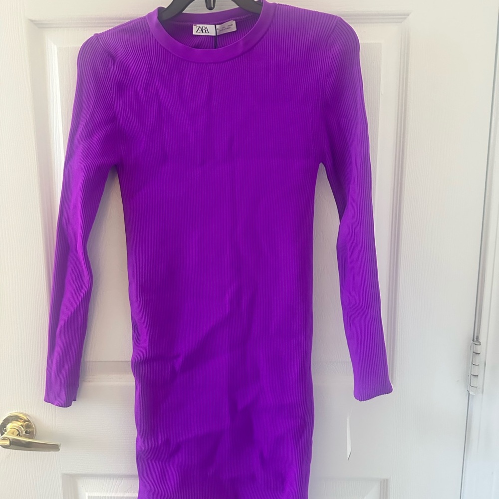 Zara Purple Ribbed Long Sleeve Dress